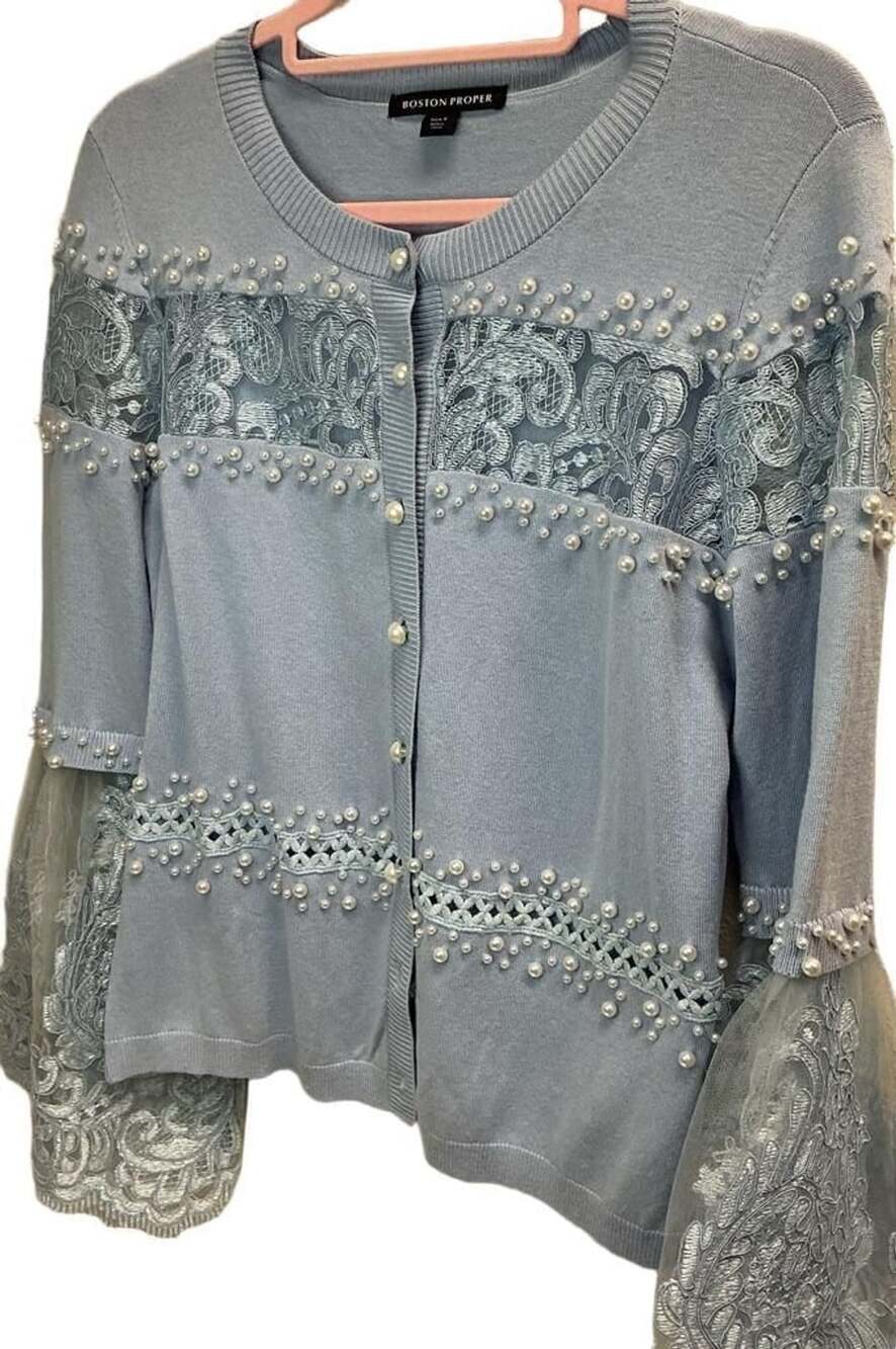 Boston Proper Cardigan Size S Blue Pearl Lace Trim